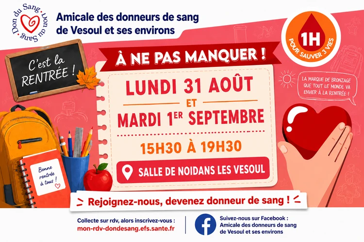 Collecte de sang à Noidans-lès-Vesoul les 31 août et 1er septembre